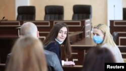 Sofia Sapega (left) attends a court hearing in Hrodno on May 6. 