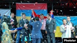 Turkey - Members of the Armenian men's team are crowned winners of the 2012 World Chess Olympiad in Istanbul, 9Sept2012.