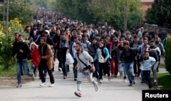 Венгриянын Хедьешалом кыштагынан Австриянын чек арасына жүгүрүп бараткан мигранттар. 6-октябрь, 2015