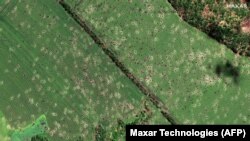Воронки от ударов артиллерии на поле вблизи города Славянска Донецкой области, 6 июня 2022 года. Спутниковый снимок Maxar Technologies