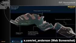 Розташування кораблів Чорноморського флоту РФ біля причалу Прикордонної служби ФСБ РФ і біля комерційних причалів у Новоросійському порту. Скріншот зі сторінки @MT_Anderson у соцмережі Х