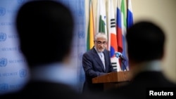 امیرسعید ایروانی، سفیر جمهوری اسلامی ایران در سازمان ملل متحد، در حضور خبرنگاران در مقر این سازمان