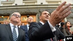 Радослав Сікорський (п) і голова МЗС Німеччини Франк-Вальтер Штайнмаєр (л) перед адміністрацією президента в Києві після підписання угоди між владою і опозицією, 21 лютого 2014 року