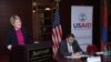 Armenia -- The USAID mission director for Armenia, Karen Hilliard, presents the agency's 5-year aid strategy, Yerevan, 11Dec2013.
