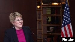 Глава армянской миссии Агентства по международному развитию США Карен Хиллиард представляет пятилетнюю программу Агентства, Ереван, 11 декабря 2013 г. 