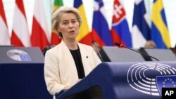 Уршуля фон дэр Ляен падчас выступу ў Эўрапарлямэнце 7 траўня 2025 году