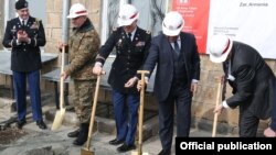 Armenia - Armenian Defense Minister Vigen Sargsian (second from right), U.S. Ambassador Richard Mills (right) inaugurate the start of the revonation of the Zar Military Training Facility, 3Mar2017.
