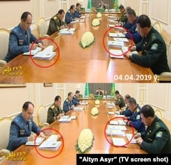 Кадры с заседаний Совета госбезопасности Туркменистана, 4 апреля (наверху) и 7 августа (внизу)