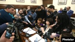 Armenia - Journalists interview leaders of the opposition Yerkir Tsirani party attending a session of Yerevan's municipal council, 13 February 2018.