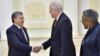 Uzbek President Shavkat Mirziyoyev (left) meets with U.S. Undersecretary of State Thomas Shannon (center) in Tashkent on March 26.