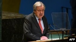 БҰҰ бас хатшысы Антониу Гутерриш Израиль мен Палестина жайлы сөйлеп тұр. Нью-Йорк, 29 шілде, 2025 жыл.