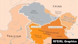 Тарыхый Кашмир чөлкөмүнүн азыркы картасы. Мында Жамму жана Кашмир чөлкөмүнүн батышында - Азад Кашмир ("Эркин Кашмир") аймагы.