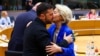 Ukrainian President Volodymyr Zelenskyy is greets European Commission President Ursula von der Leyen at a European Council meeting in Brussels on October 23.
