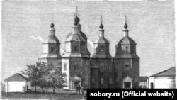 Кубань. Воскресенський собор у тодішньому Катеринодарі (гравюрне зображення). Був збудований у типовому козацькому стилі на межі 18 і 19 століть. Був розібраний у 1879 році Фото:sobory.ru (Official website)