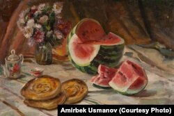 Е. Малеина. Дарбыз менен нандын натюрморту.