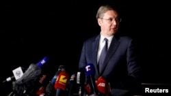 Serbian President Aleksandar Vucic speaks to the media in Ohrid, North Macedonia, on March 18.
