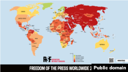 Мапа арганізацыі «Рэпартэры бязь межаў», якая характарызуе свабоду прэсы ў сьвеце ў 2025 годзе