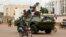 A Russian armored personnel carrier is seen in the street during the delivery of armored vehicles to the Central African Republic army in Bangui in 2020.