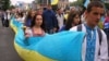Resident of Dnipropetrovsk take part in a pro-Ukraine rally earlier this month.