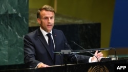 امانوئل مکرون، رئیس‌جمهور فرانسه، در سازمان ملل. دوشنبه ۳۱ شهریور
