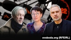 Культуроляг Максім Жбанкоў, паэтка Юлія Цімафеева, пісьменьнік Альгерд Бахарэвіч. Каляж