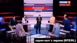 Класичне співвідношення сил на російському ток-шоу: проукраїнські погляди представляють лише Білоножко та Вороніна. Решта – Пушилін, Бережна, Ніконов, Куликов, Левченко, Сипченко (Придністровья) – єдиний проросійський табір