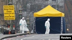 Поліцейські та криміналісти оглядають місце теракету на Ветсмінстерському мосту. Лондон, 23 березня 2017 року