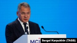 Russian Defense Minister Sergei Shoigu speaks during a conference in Moscow on April 24.