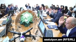 Armenia -- Members of the Armenian parliament Committee on Legal Affairs vote to back a government bill against domestic violence, 30Nov2017.