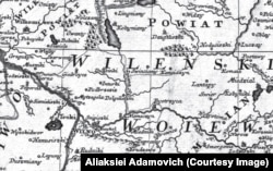 Мапа ВКЛ, фрагмент. Ілюстрацыя з выданьня "Ян Няпрэцкі і карта Вялікага Княства Літоўскага" аўтарства Аляксея Адамовіча