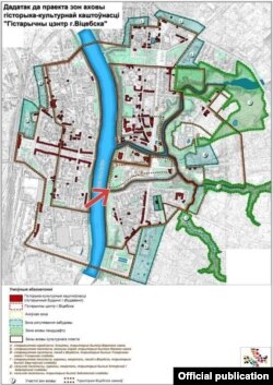 Стрэлкай пазначана месца заплянаванай будоўлі