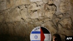 یک فعال چپ اسرائیلی پلاکاردی حاوی پرچم‌های فلسطین و اسرائیل را در دست دارد/ عکس تزئینی است