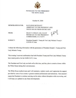 Лист лікаря Білого дому Шина Конлі, в якому він повідомляє, що президент Дональд Трамп та перша леді Меланія Трамп захворіли на COVID-19.