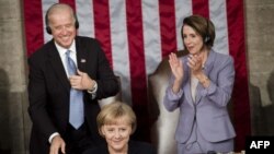 آنگلا مرکل صدر اعظم آلمان در حال سخنرانی در کنگره آمریکا 