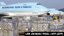 این تصویر آرشیوی هواپیماهای باری خطوط هوایی کره جنوبی را در فرودگاه اینچان نشان می‌دهد