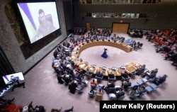 Президент України Володимир Зеленський звертається до Радбезу ООН. США, 5 квітня 2022 року