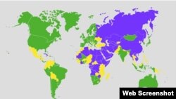 نقشه فریدام هاوس از آزادی که در آن کشورهای غیر آزاد با رنگ بنفش، نسبتا آزاد با رنگ زرد و آزاد با رنگ سبز مشخص شده‌اند.