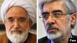 میرحسین موسوی (راست) و مهدی کروبی دو سال است که بدون حکم قضایی در حصر خانگی به سر می برند.