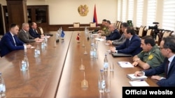 Armenia -- Defense Minister Arshak Karapetian meets with CSTO Secretary General Stanislav Zas in Yerevan, August 9, 2021.