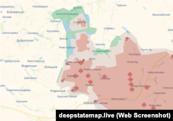 «Добропільський виступ» на мапі DeepState, 13 жовтня 2025 року. Блакитним кольором аналітики позначають території, звільнені за останні два тижні. Після цього періоду вони змінюють колір на зелений