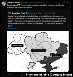 Мапа поділу Україну, опублікована у листопады 2024 року у мережі Х Ґжеґожом Брауном, одним із лідерів антиукраїнської партії «Конфедерація»