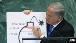 بنیامین نتانیاهو در مجمع عمومی سازمان ملل در حال کشیدن خط قرمز برای برنامه هسته‌ای ایران