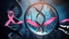 Illustration of DNA strand and pink ribbon for breast cancer awareness month