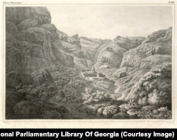 Հայաստանի Գեղարդի վանքը, որ ծվարել է ժայռոտ լանդշաֆտի վրա: Դյուբուան այդ վայրը անվանել է «Մեծ Հայաստանի ամենավայրի հովիտներից մեկը», արձանագրելով` «մեկուսի վանքը գրավում էր աշխարհից հրաժարված ճգնավոր վանականներին»: Դյուբուան գրել է` այստեղ պահվում են թե՛ Քրիստոսի Խաչելության հետ կապված սուրբ մասունքներից մեկը` տեգը, որով նա խոցվել էր Խաչի վրա, թե՛ «Նոյյան տապանից մի կտոր»