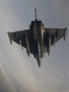 This handout video grab recorded on September 13, 2025, and released on September 14, 2025, by the French Army (Etat Major des Armees), shows a French Air Force Dassault Rafale B fighter jet configured for air-to-air weaponry deployed at an unspecified lo