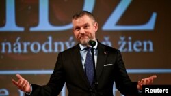 Спікер парламенту Словаччини, кандидат на посаду президента – Петер Пеллегріні – виступає під час виборчої кампанії. Словаччина, 2024 рік