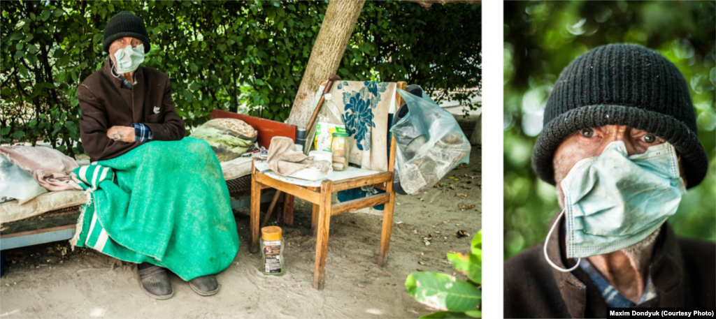 Василь, 71 рік. Діагноз: туберкульоз. Новозбурівський протитуберкульозний диспансер, серпень 2011 року. За словами лікаря, ходить під себе, тому його ліжко винесли надвір. Мова нескладна, упевнений, що він на роботі. Родичі забрали його квартиру, а його відправили до державної клініки. Раз на місяць до нього приїжджає жінка з повною торбою їжі, але на запитання категорично відкидає, що вона його родичка.