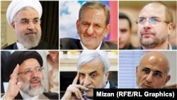 بالا از راست به چپ: محمدباقر قالیباف،اسحاق جهانگیری، حسن روحانی پایین از راست: مصطفی میرسلیم، مصطفی هاشمی‌طبا و ابراهیم رئیسی.
