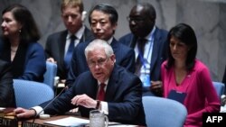 رکس تیلرسون، وزر خارجه آمریکا، در نشست شورای امنیت سازمان ملل برای بررسی بحران کره شمالی.