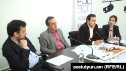 Armenia -- Civil activists Daniel Ioanisian (l), Artur Sakunts (c) and Tigran Yegorian at a press conference. 15May, 2017